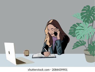 Beautiful, long-haired confident business woman talking on the phone at work. Next to her are a green plant, a laptop and a coffee cup. Copy space