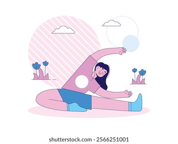 Beautiful long-haired woman doing mediation yoga in the park, peace with nature. Character design. Vector flat illustration