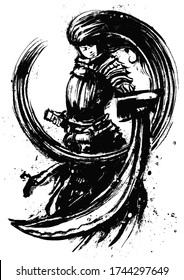 A beautiful long-haired young girl, a samurai, holding a sword in her hand, makes a menacing gesture right at the camera, her hair describing a perfect circle around her. 2d illustration