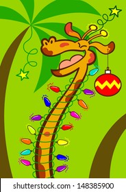 Beautiful long  necked yellow giraffe decorated and Christmas balls  stars   lights while having fun   smiling to celebrate Christmas in tropical scenery and palm trees