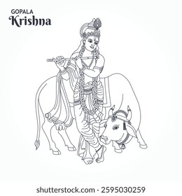 Beautiful lord young teen gopala krishna playing flute with cow lineart