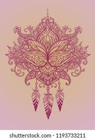 Beautiful lotus in ethnic patterns with feathers