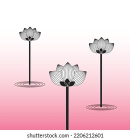 Beautiful lotus flower and botanical in black line art logo. Floral art for wall decoration and prints. Vector illustration on a pink background.