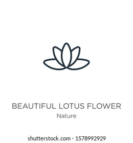 Beautiful lotus flower icon. Thin linear beautiful lotus flower outline icon isolated on white background from nature collection. Line vector sign, symbol for web and mobile