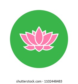 Beautiful lotus flower on green background logo. Gorgeous pink water lily icon. Pink flower flat vector illustration. Nature, environment and healthcare concept. Beauty SPA salon, yoga symbol