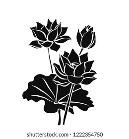 Beautiful lotus flowers black Silhouette. The black line drawn on a white background. Vector illustration