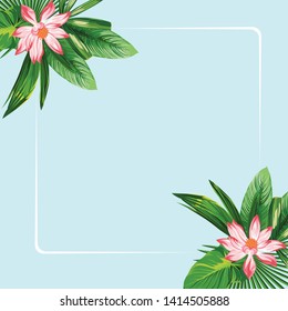 Beautiful lotus flowers and green leaves frame on the blue background. Tropical botanical invitation