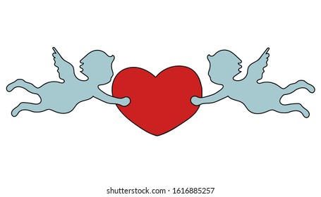 Beautiful love angels with wings holding red heart. Valentine vector illustration