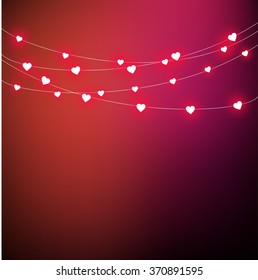 Hermoso fondo de amor con luces en forma de corazón colgando en un vector de cuerdas