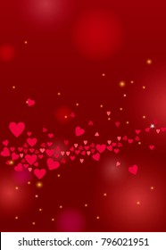 Beautiful love background for Valentines day design or greeting card. Vector illustration with hearts and sparkles on red backdrop