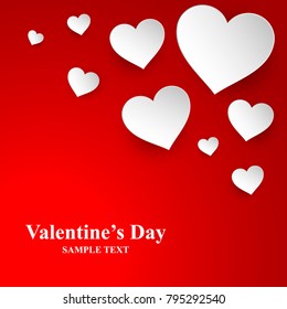 Beautiful Love Banner with Cut Paper Hearts Put on Red Background and Valentines Day Text. Vector Illustration