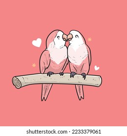 Beautiful love birds kissing lovely moment pink background vector line art modern illustration