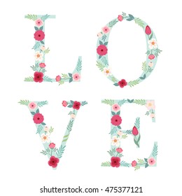 Beautiful LOVE card as letters decorated with hand drawn rustic flowers