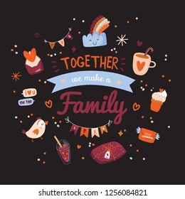 Beautiful love card with Valentines day elements. Romantic and cute symbols: cup, sweets, leter, bird, hearts, ribbon, gifts. Lovely poster with style vector illustrations and romantic typography