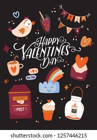 Beautiful love card with Valentines day elements. Romantic and cute symbols: cup, sweets, leter, bird, hearts, ribbon, gifts. Lovely poster with style vector illustrations and romantic typography
