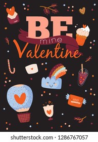 Beautiful love card with Valentines day elements and lovely lettering. Isolated on black background. Romantic and cute symbols: cloud, letter, balloon, sweets, hearts, ribbon, gifts. 