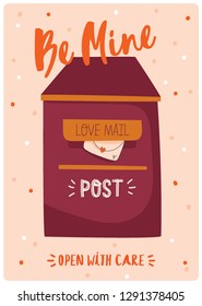 Beautiful love card for Valentines day. Romantic and cute penguin in snowball. Lovely poster with style  illustrations and romantic typography. Be mine. Vector