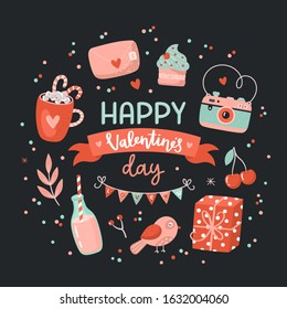 Beautiful love card with Valentines day elements and romantic lettering. Cute symbols: bird, drinks, gift box, camera, sweets and cherry. Lovely poster design with vector illustrations and typography.