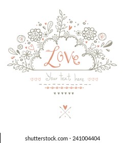 Beautiful  Love card in vintage style. Delightful wedding invitation with graphic  flowers and hearts in vector. 