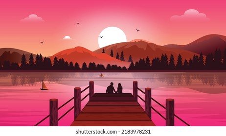 Beautiful love couple on wooden bridge illustration with hills, mountains, river nature scene landscape vector illustration design