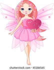 Beautiful love fairy holding heart. Vector illustration