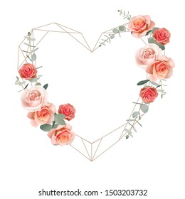 Beautiful love frame background with floral orange roses and eucalyptus leaf