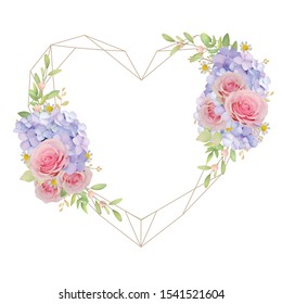 Beautiful love frame background with floral pink roses and hydrangea
