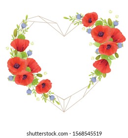 Beautiful love frame background with floral red poppy flowers
