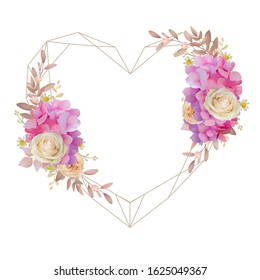 Beautiful love frame background with floral pink hydrangea and rose flowers
