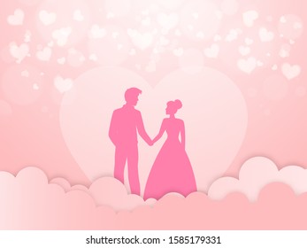 Beautiful Love Greeting Card Design, Silhouette of Romantic Couple Character on Pink Paper Cut Cloudy and Hearts Background.