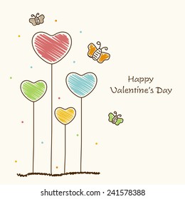 Beautiful love greeting card design with colorful hearts and butterflies on white background for Happy Valentine's Day celebration.