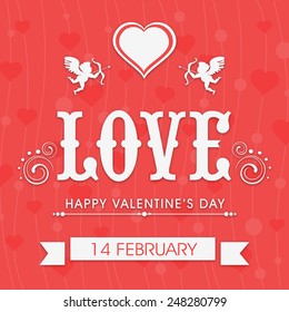 Beautiful love greeting card design for 14 February, Happy Valentine's Day celebration on hearts decorated red background. 