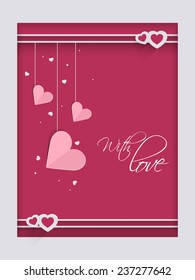 Beautiful love greeting card with hanging pink hearts for Valentine's Day celebration.