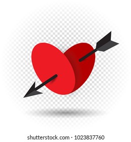 Beautiful love heart pierced by an arrow of Cupid with shadow on transparent background. Red romantic sign Valentine day symbol