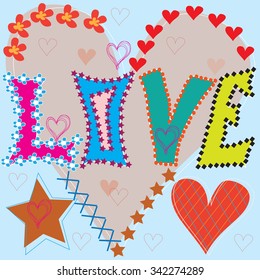 beautiful love inscription with hearts and flowers and stars vector illustration