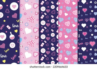 Beautiful love pattern collection for backgrounds, Book covers, and wallpapers. Minimal abstract love pattern bundle on dark and pink color backgrounds. Cute love element pattern set with calligraphy.