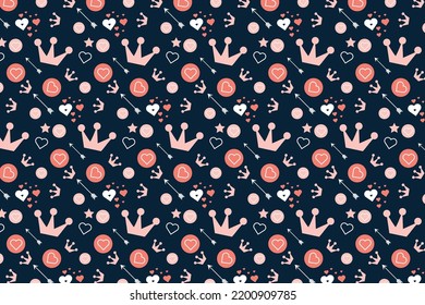Beautiful love pattern design on a dark background. Seamless love pattern decoration with arrows and king crowns. Abstract valentines pattern design with minimal elements. Endless love pattern vector.