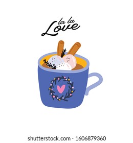 Beautiful love print with Valentines day elements. Romantic and cute elements and lovely typography. Vector hand drawn illustrations and lettering. Good for wedding, scrapbook, logo, t shirt design.