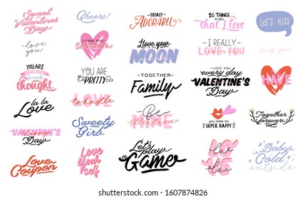 Beautiful love print with Valentines day elements. Romantic and cute elements and lovely typography. Vector hand drawn illustrations and lettering. Good for wedding, scrapbook, logo, t shirt design.