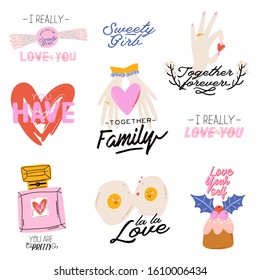 Beautiful love print with Valentines day elements. Romantic and cute elements and lovely typography. Vector hand drawn illustrations and lettering. Good for wedding, scrapbook, logo, t shirt design.