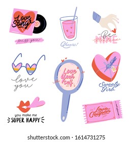 Beautiful love print with Valentines day elements. Romantic and cute elements and lovely typography. Vector hand drawn illustrations and lettering. Good for wedding, scrapbook, logo, t shirt design.