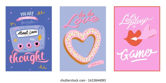 Beautiful love print with Valentines day elements. Romantic and cute elements and lovely typography. Vector hand drawn illustrations and lettering. Good for wedding, scrapbook, logo, t shirt design.