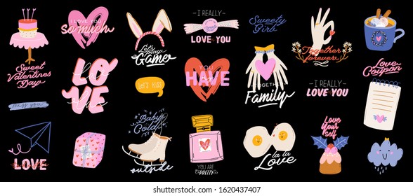 Beautiful love print with Valentines day elements. Romantic and cute elements and lovely typography. Vector hand drawn illustrations and lettering. Good for wedding, scrapbook, logo, t shirt design.