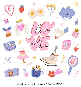Beautiful love print with Valentines day elements. Romantic and cute elements and lovely typography. Vector hand drawn illustrations and lettering. Good for wedding, scrapbook, logo, t shirt design.