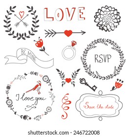 Beautiful love set with elegant frames, flowers and other graphic elements. Vector illustration