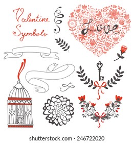Beautiful love set with elegant frames, flowers and other graphic elements. Vector illustration
