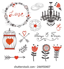 Beautiful love set with elegant frames, flowers and other graphic elements. Vector illustration