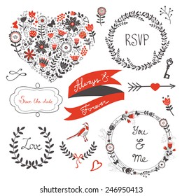 Beautiful love set with elegant frames, flowers and other graphic elements. Vector illustration