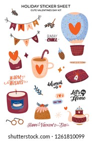 Beautiful love sticker sheet with Valentines day elements. Romantic and cute symbols: cup, sweets, leter, bird, hearts, ribbon, gifts. Lovely style vector illustrations and romantic typography