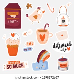 Beautiful love stickers with Valentines day elements and lovely lettering. Isolated on white background. Romantic and cute symbols: sweets, leter, hearts, flowers, gifts. 